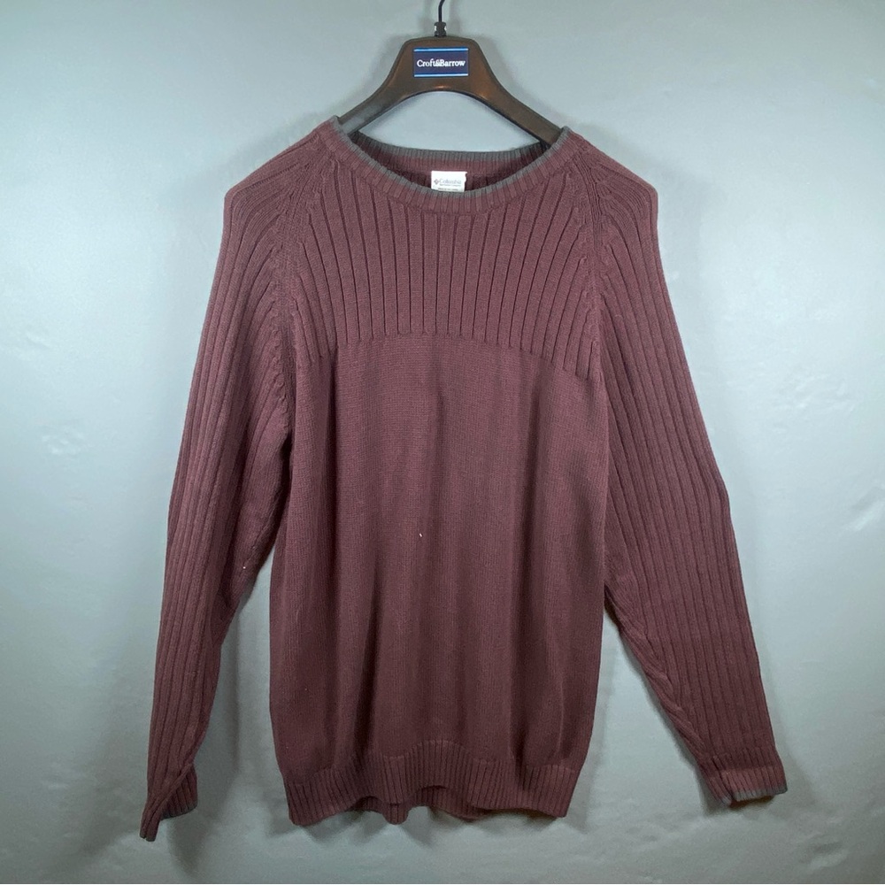 Columbia Sweater Men Large Maroon, Beige Crew Neck, 100% Cotton